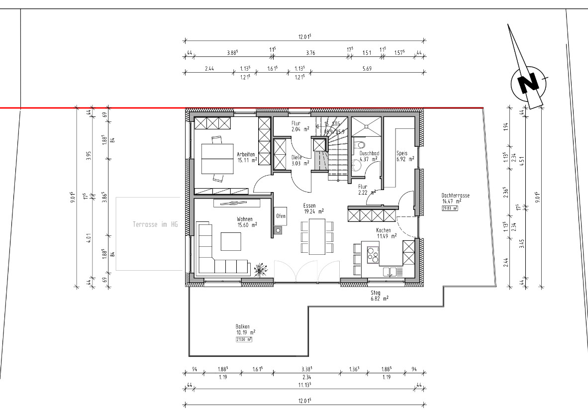 Grundriss eines Wohnhauses: Küche, Essen, Wohnen, Arbeitszimmer, Bad, Flur, Balkon und Dachterrasse.