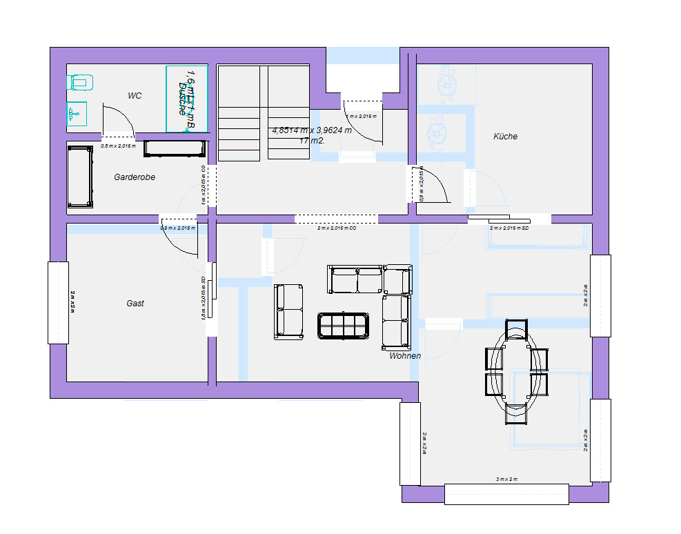 Grundriss eines Hauses mit Wohnen, Gast, Küche, Garderobe, WC und Treppenhaus