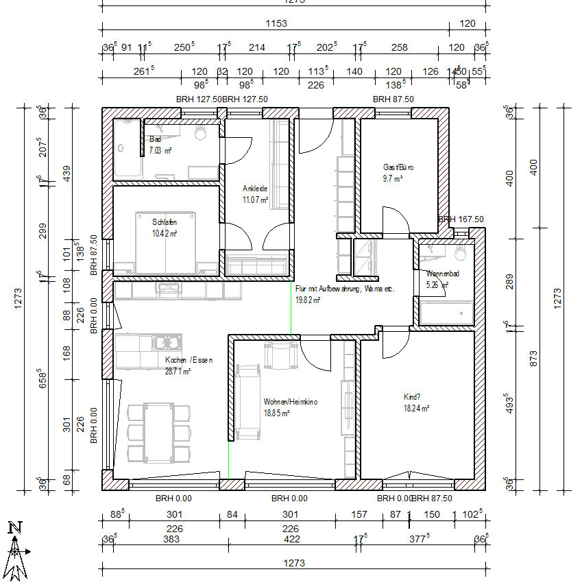 Grundriss eines Wohnhauses: Küche, Essen, Wohnen/Heimkino, Schlafen, Bad, Ankleide, Flur, Gast/Büro.