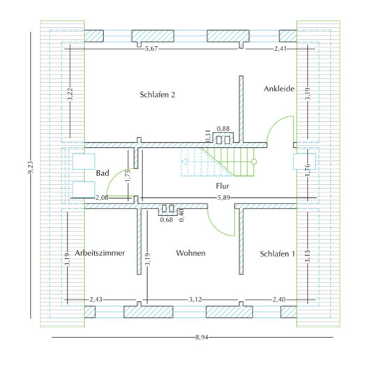 Grundriss einer Wohnung mit zwei Schlafzimmern, Arbeitszimmer, Bad, Ankleide, Flur und Wohnzimmer