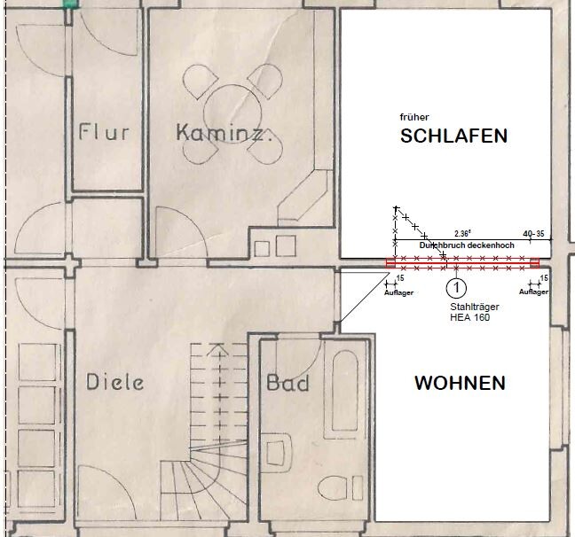 Grundriss eines Hauses mit Flur, Diele, Kamin, Bad und Wohnen; früher Schlafen rechts