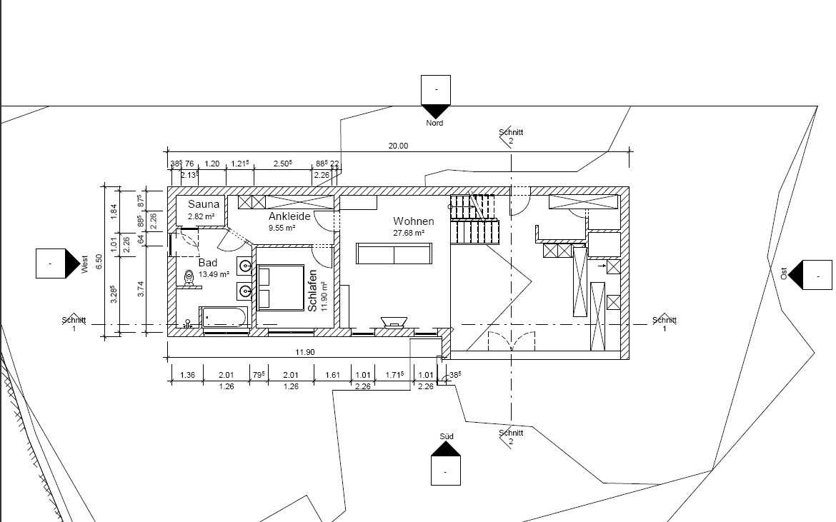 Grundriss eines Hauses mit Wohnen, Schlafen, Bad, Ankleide und Sauna; Nord/Süd/Ost/West.