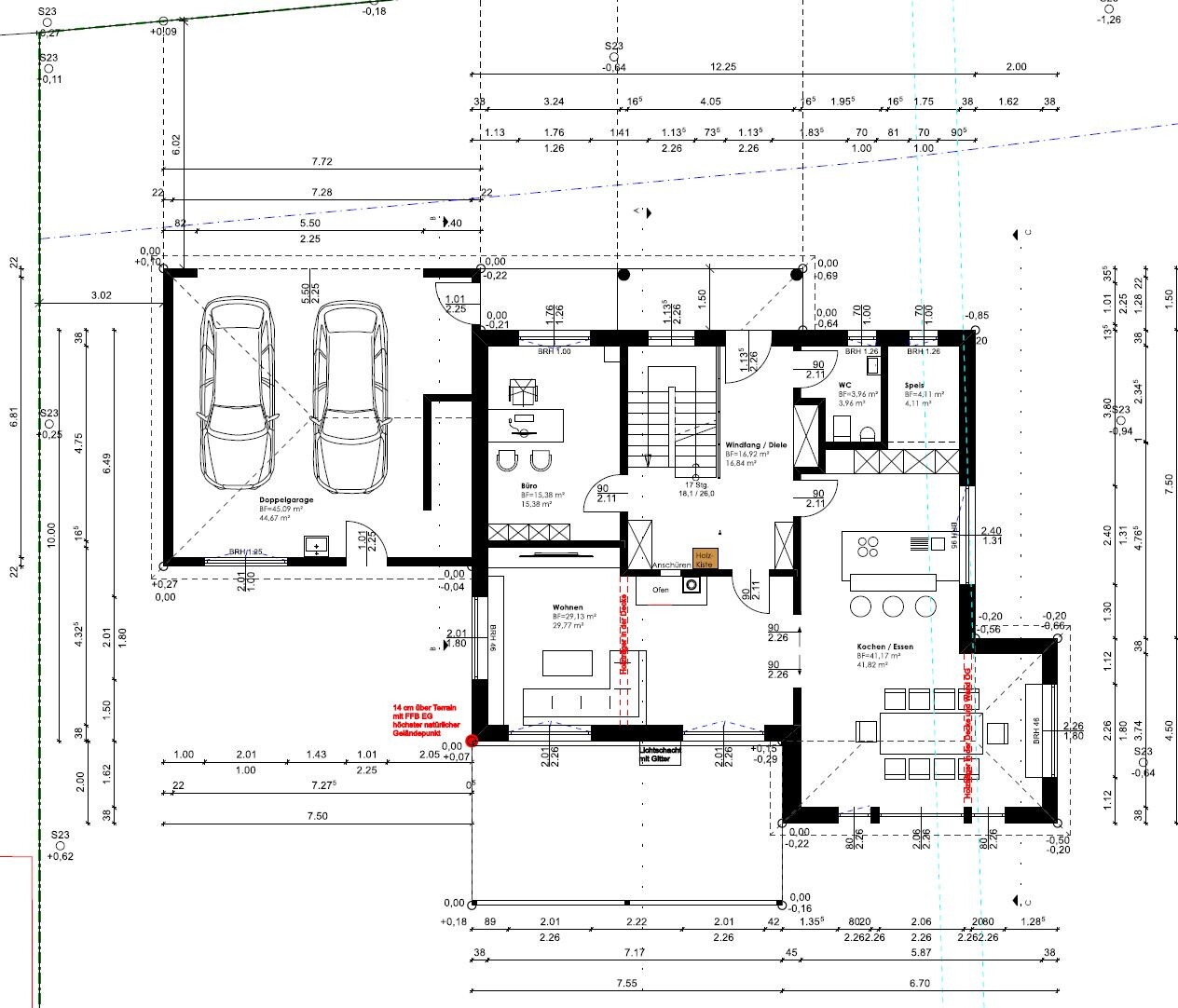 Grundriss: Doppelgarage mit zwei Autos, Wohnzimmer, Küche, Büro, WC, Treppenhaus.