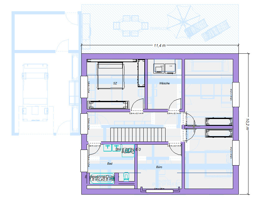 Grundriss eines Hauses: Garage links, Treppe Mitte, Schlafzimmer, Bad, Büro, Wäsche, Terrasse oben