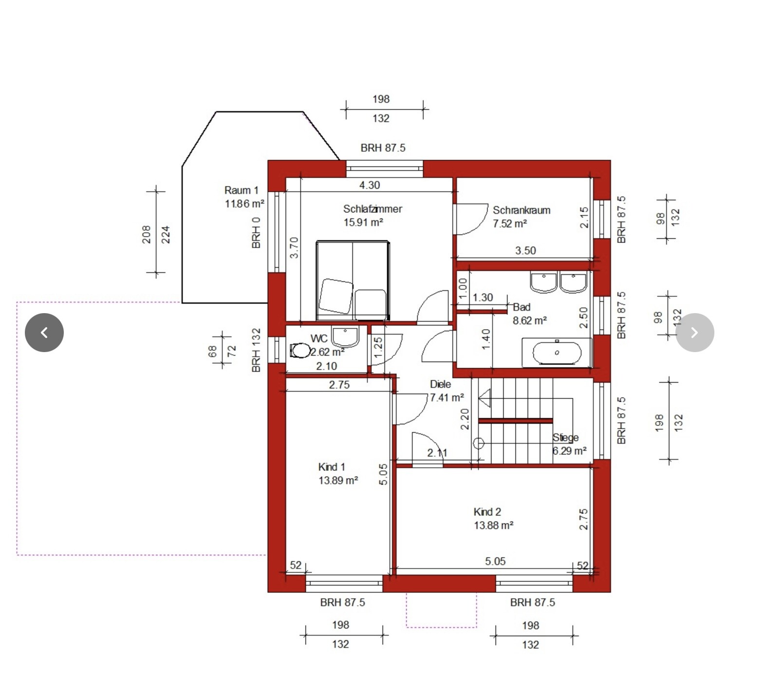 Detaillierter Hausgrundriss mit Schlafzimmer, Bad, WC, Diele, Kinderzimmern und Treppe.