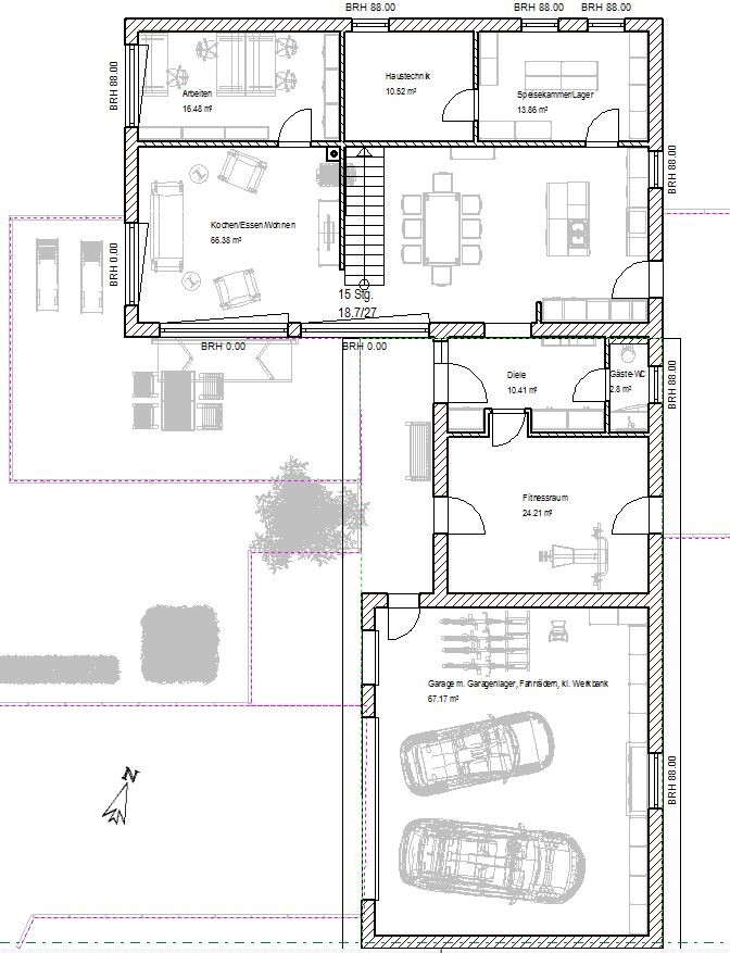 Grundrissplan eines Einfamilienhauses mit Küche, Wohnzimmer, Diele, Schlafzimmer, Bad und Garage