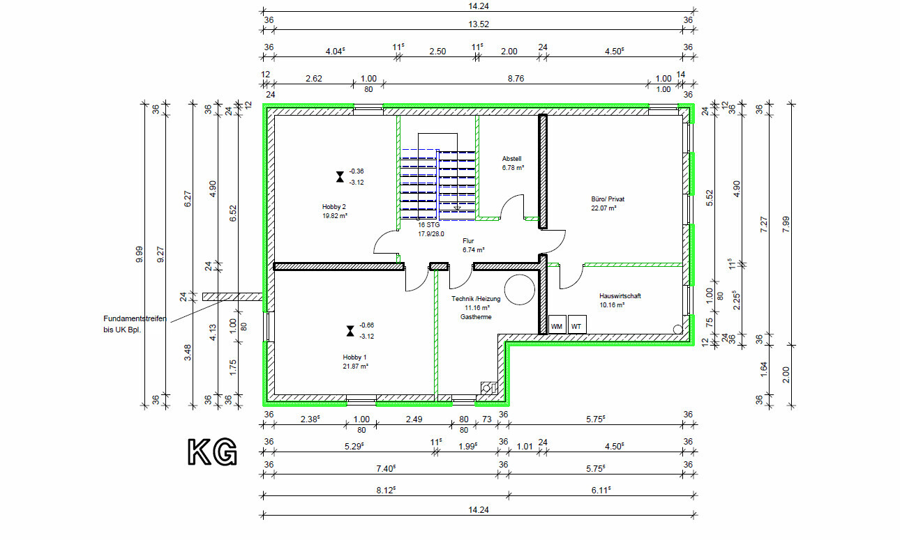 Grundriss eines Hauses mit Hobbyräumen, Buero, Flur, Technikraum und Hauswirtschaft