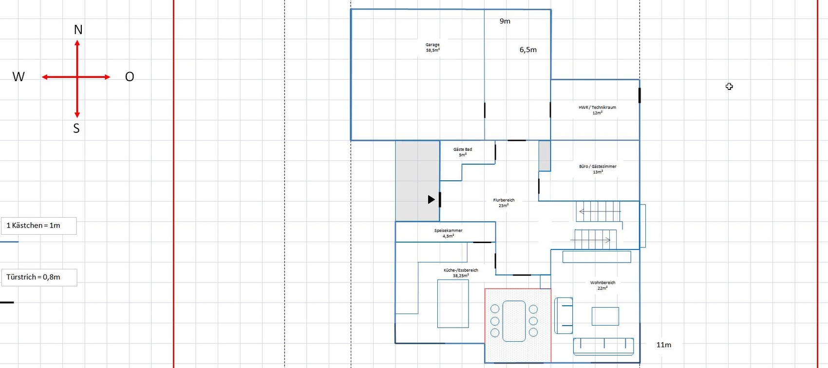 Grundriss eines Hauses mit Garage, Küche, Essbereich, Wohnbereich, Büro, Gästezimmer, Flur.