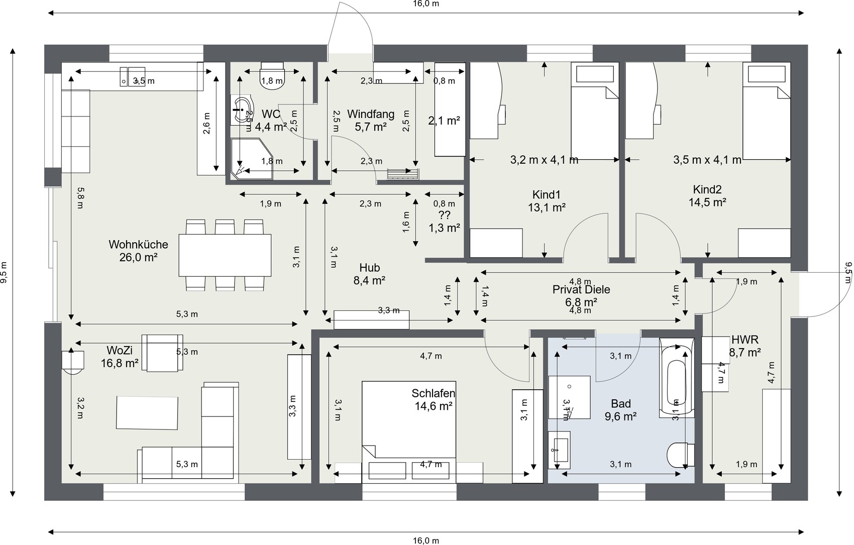 Grundriss eines Hauses mit Wohnküche, Schlafzimmer, Bad, zwei Kinderzimmer, Windfang, WC.