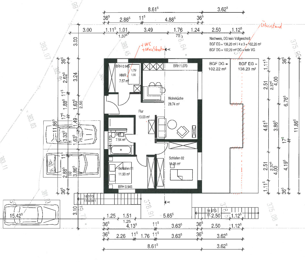 Grundriss eines Hauses: Wohnküche, Flur, zwei Schlafzimmer, HWR, Bad; Carport/Parkfläche.