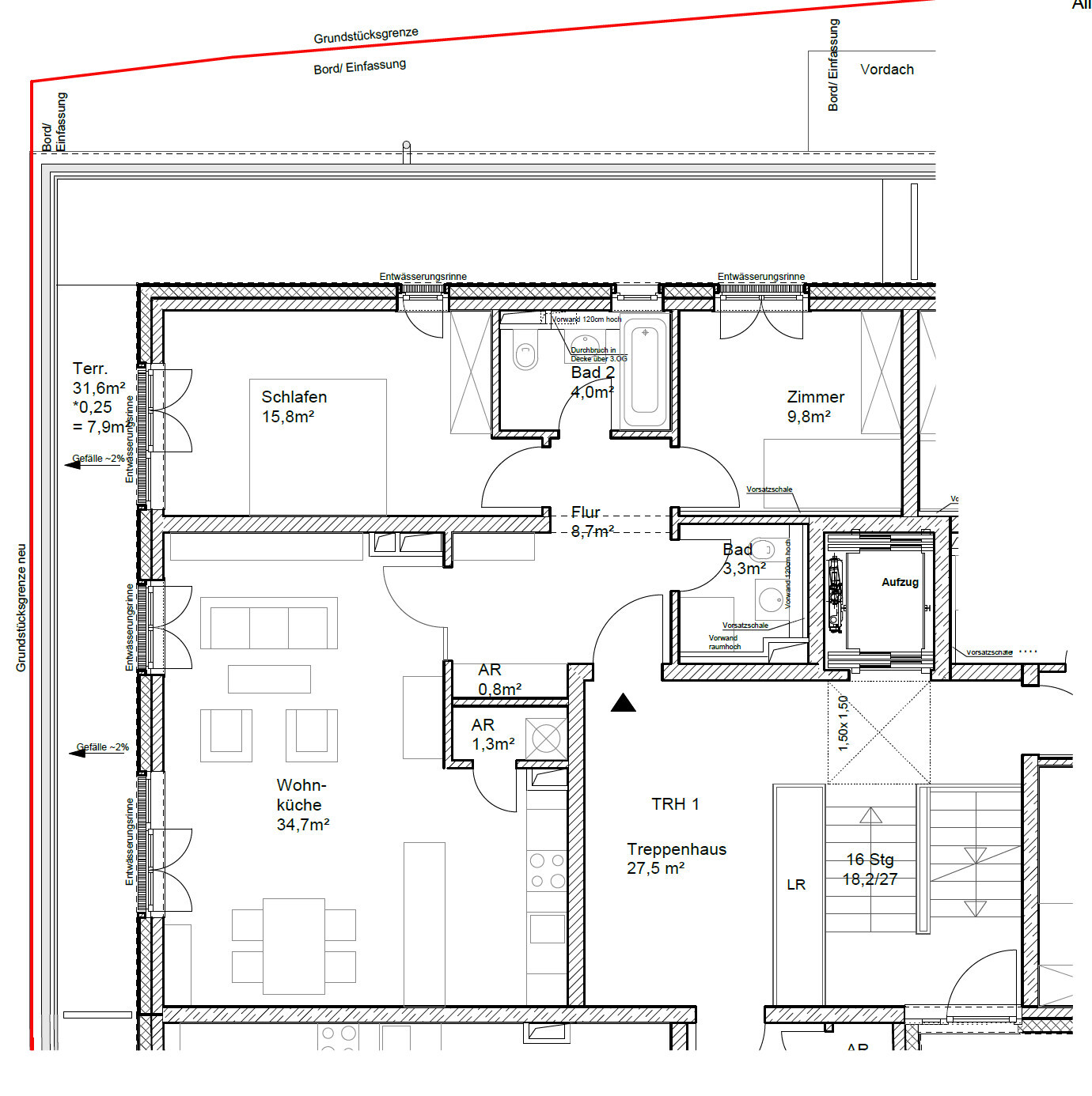 2D Grundrissplan eines Hauses mit Wohnkueche, Schlafzimmer und Treppenhaus