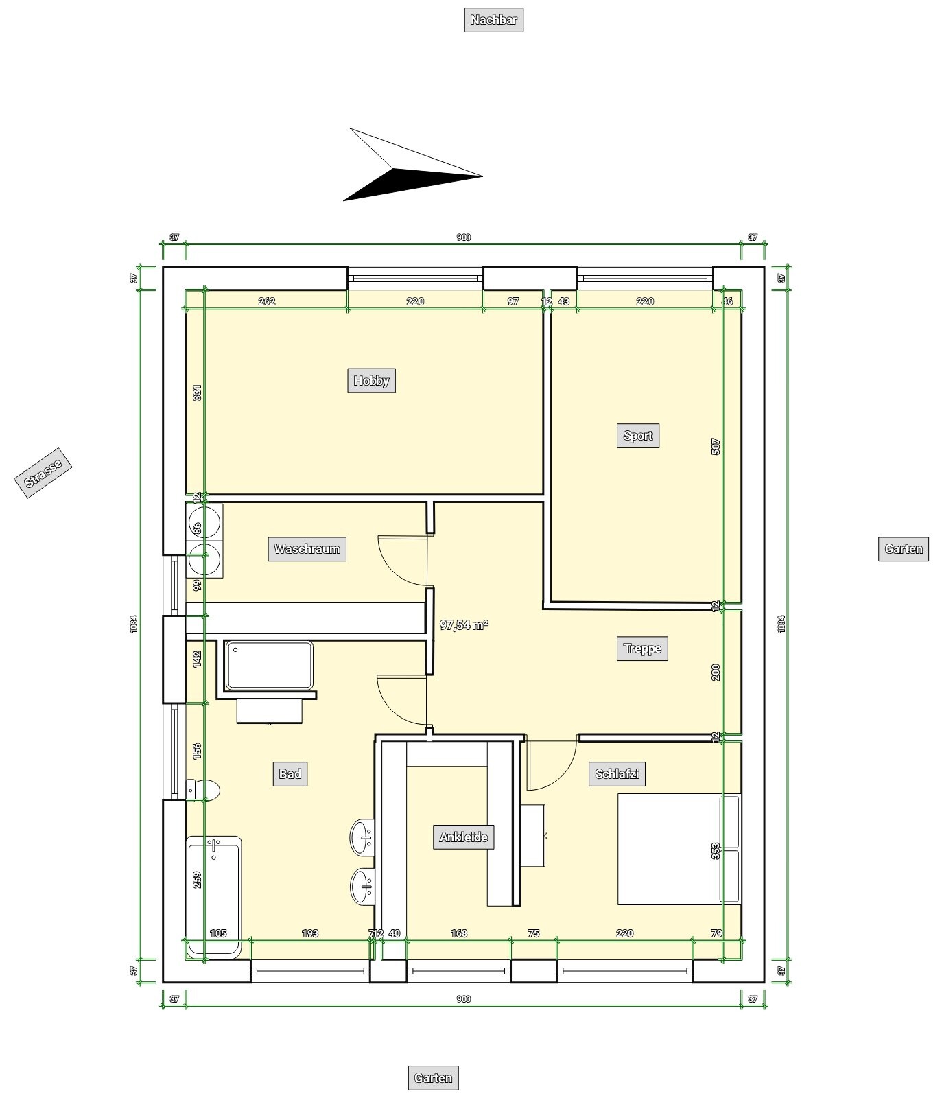 Grundriss eines Hauses mit Hobby- und Sportraum Bad Waschraum Ankleide Schlafraum Treppe Garten