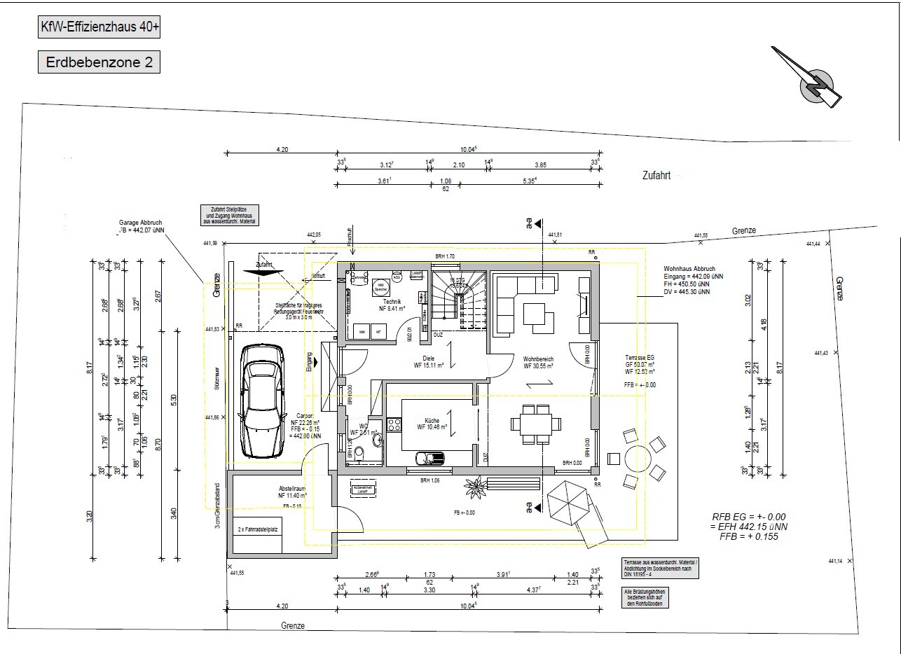 Detaillierter 2D-Hausgrundriss mit Küche, Wohnzimmer, Garage und Terrasse