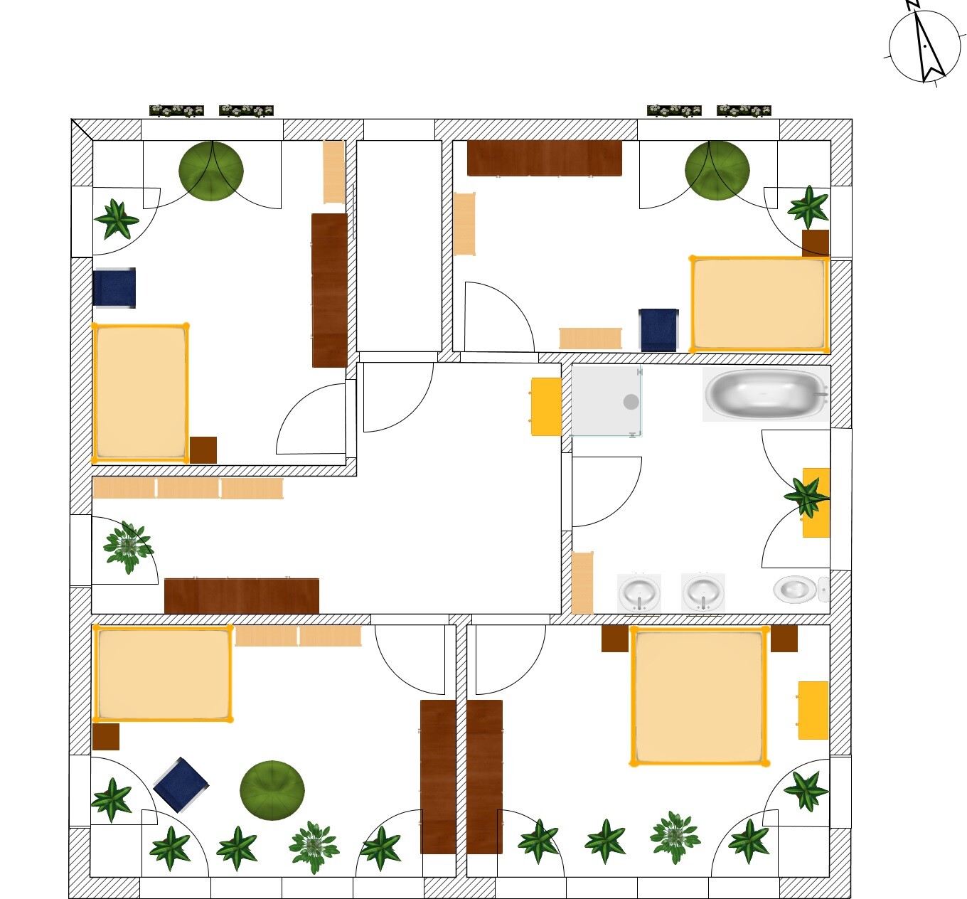 Grundriss eines Mehrzimmerhauses mit Schlafzimmern, Bad, Küche, Wohnzimmer und Garten.