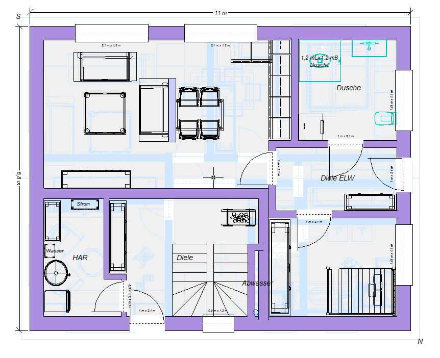 Grundriss eines Hauses: Räume, Treppen, Dusche, HAR, Diele, Abwasser.