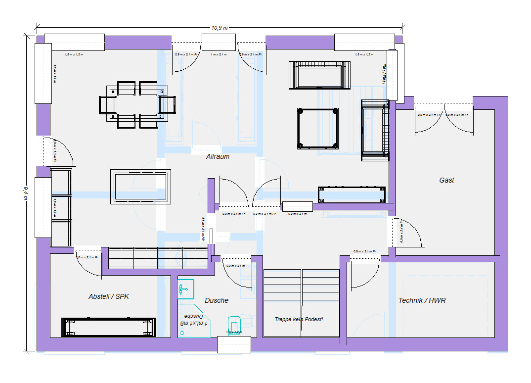 Grundriss eines Hauses mit Gast, Allraum, Dusche, Technik/HWR, Abstell, Treppe