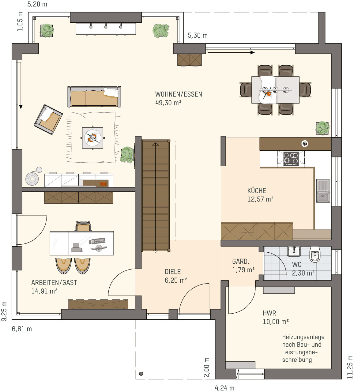 Grundriss eines Wohnhauses: offener Wohn-/Essbereich, Küche, Arbeitszimmer, Diele, WC, HWR.