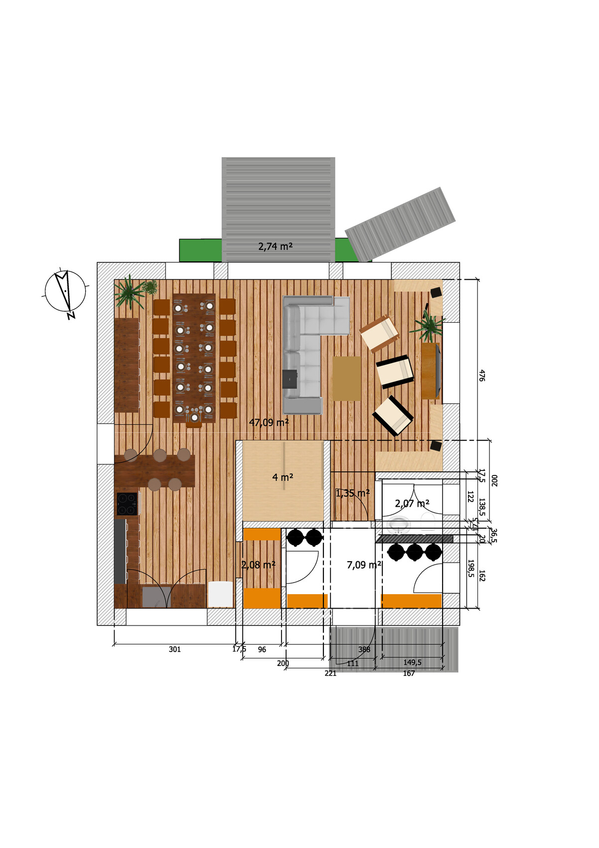 Grundriss eines Wohn- und Essbereichs mit Sofa, Tischgruppe, Stühlen, Pflanzen und Türen.