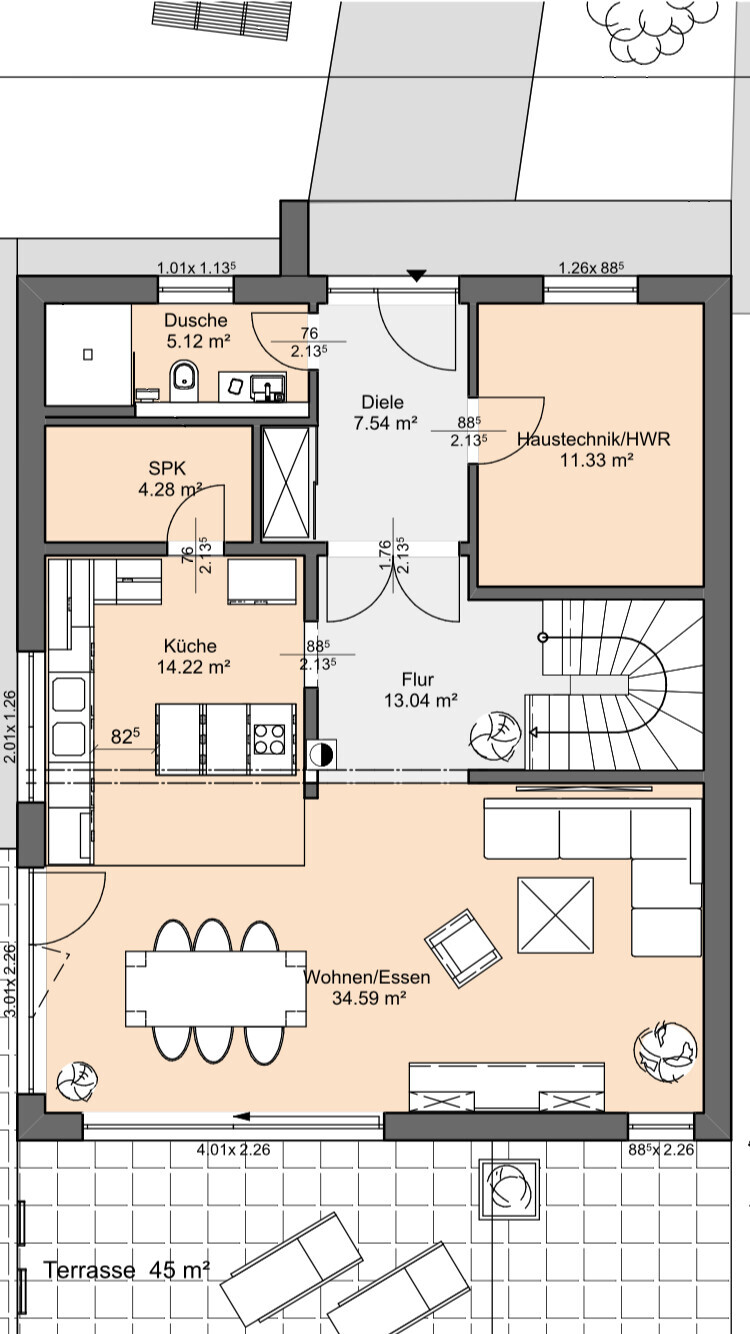 2D-Grundriss eines Hauses mit Küche, Wohnen/Essen, Diele, Bad und Terrasse