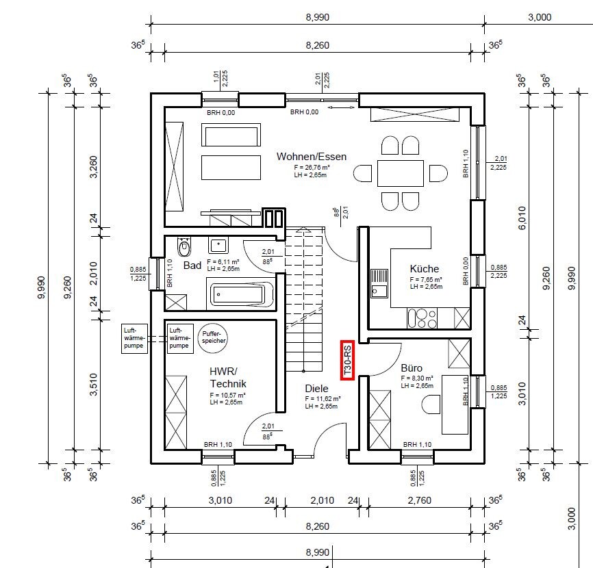 Grundriss Erdgeschoss: Wohnen/Essen, Küche, Büro, Bad, Diele, HWR/Technik