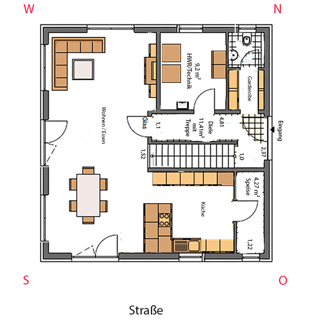 Grundriss: Offener Wohn-/Essbereich links, Küche unten rechts, Diele mit Treppe, HWR/Technik, Eingang