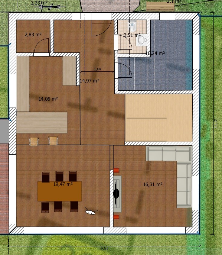 2D-Hausgrundriss mit Wohnzimmer, Küche, Essbereich und Bad, Maße markiert