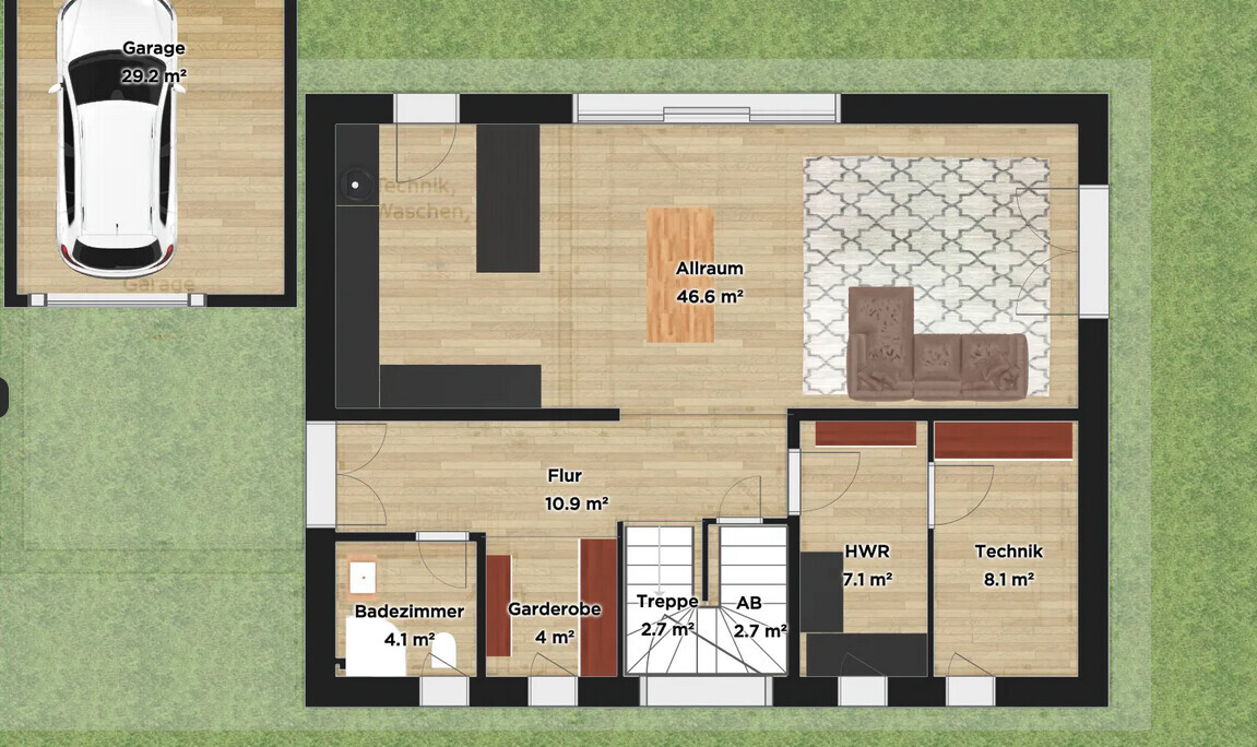 2D-Grundriss eines Hauses mit Garage, Flur, Allraum, HWR und Technik