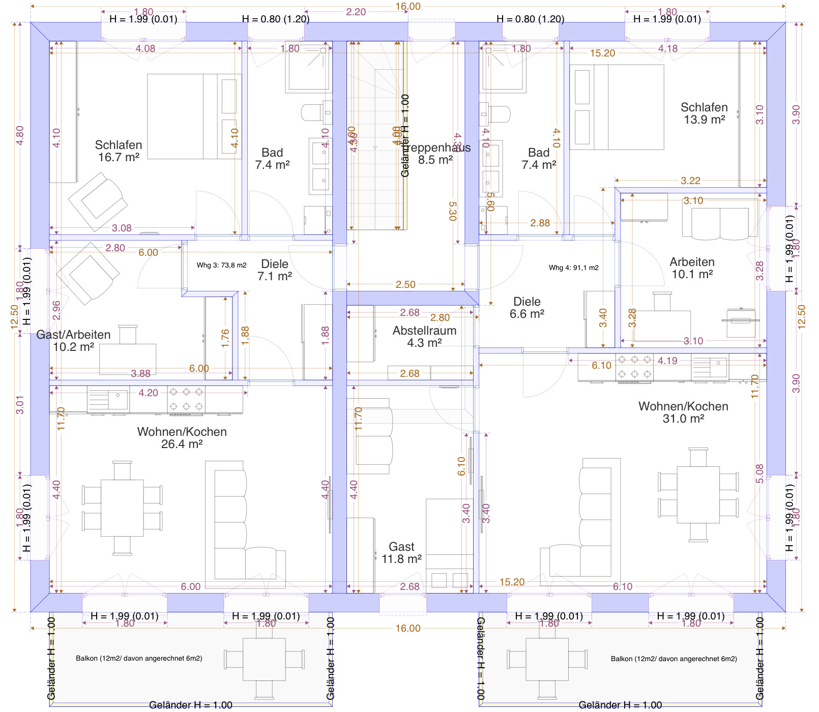 Grundriss eines Mehrfamilienhauses mit 4 Wohnungen: Schlafen, Bad, Wohnen/Kochen, Balkon.