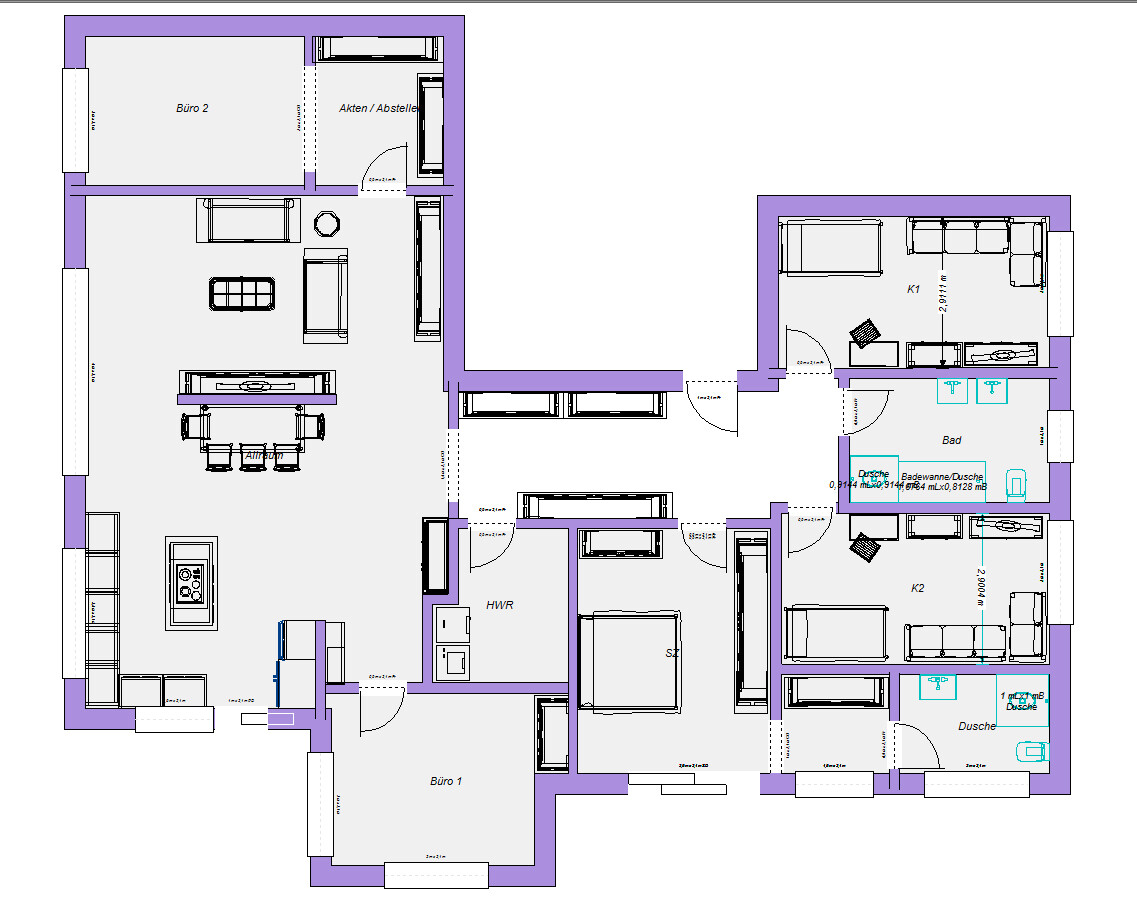 2D-Grundrissplan eines Hauses mit Küche, Wohnzimmer, Bad, Büro 1 und Büro 2 und Fluren