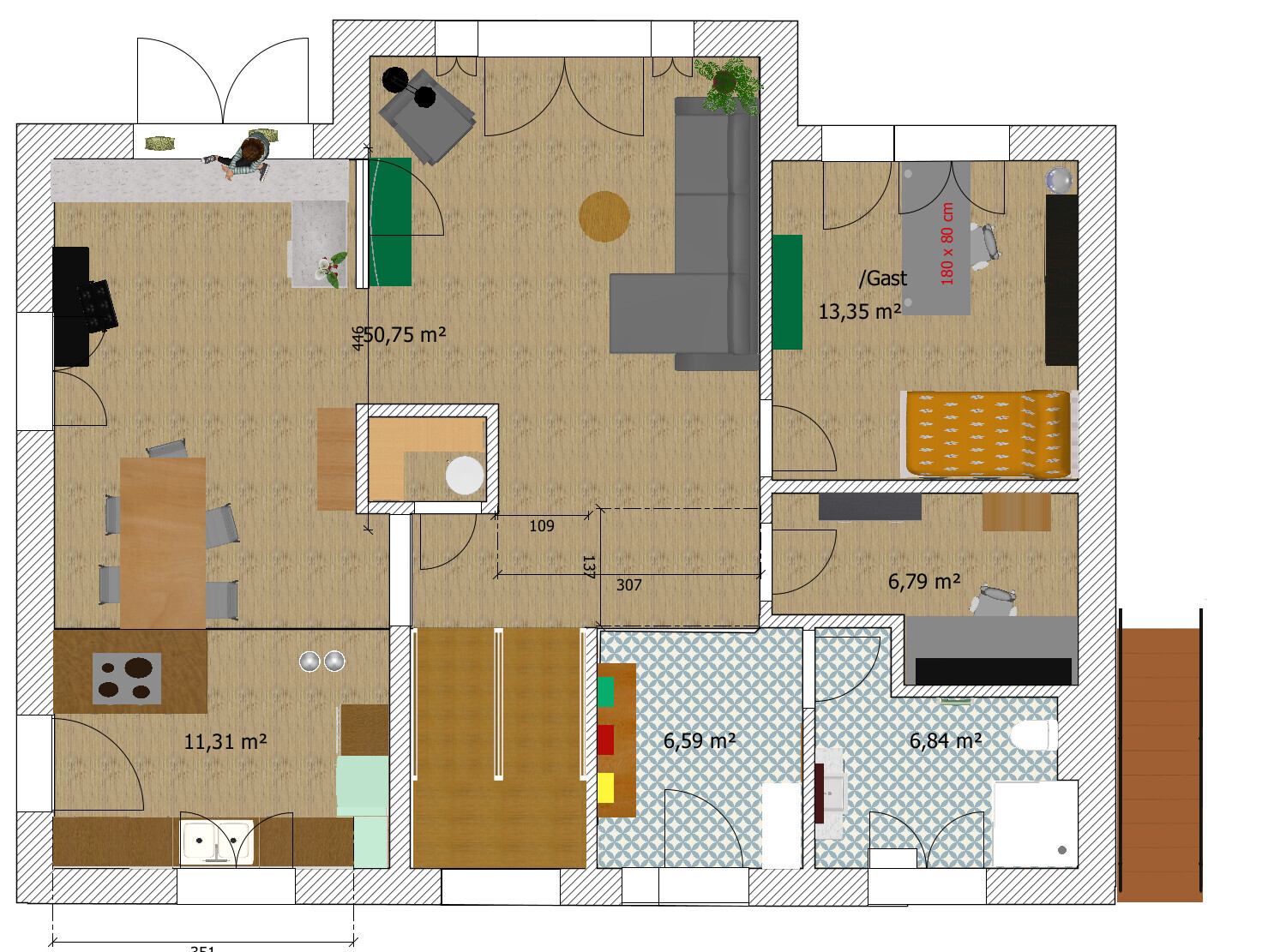 Detaillierter Grundriss eines Hauses mit Küche, Wohnzimmer, Bad und Schlafzimmer.