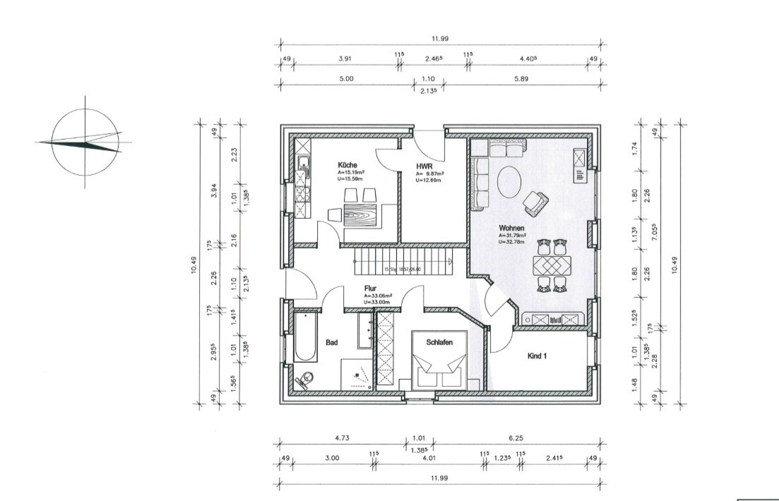 Grundriss eines Hauses mit Küche, Flur, Bad, Schlafen, Wohnen, Kind 1 und HWR.