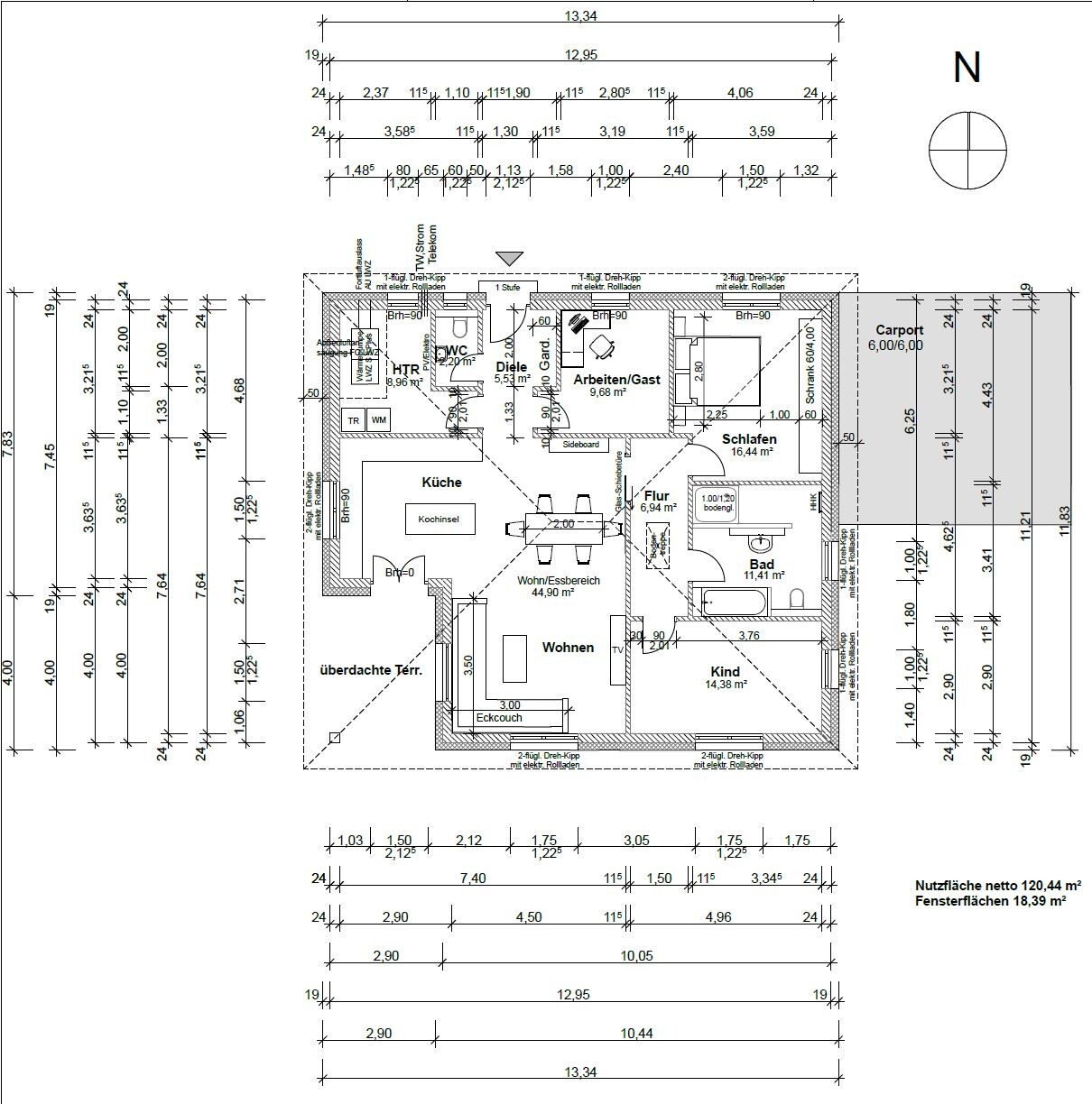 Grundriss eines Einfamilienhauses mit Küche, Wohnen, Bad und Schlafzimmer