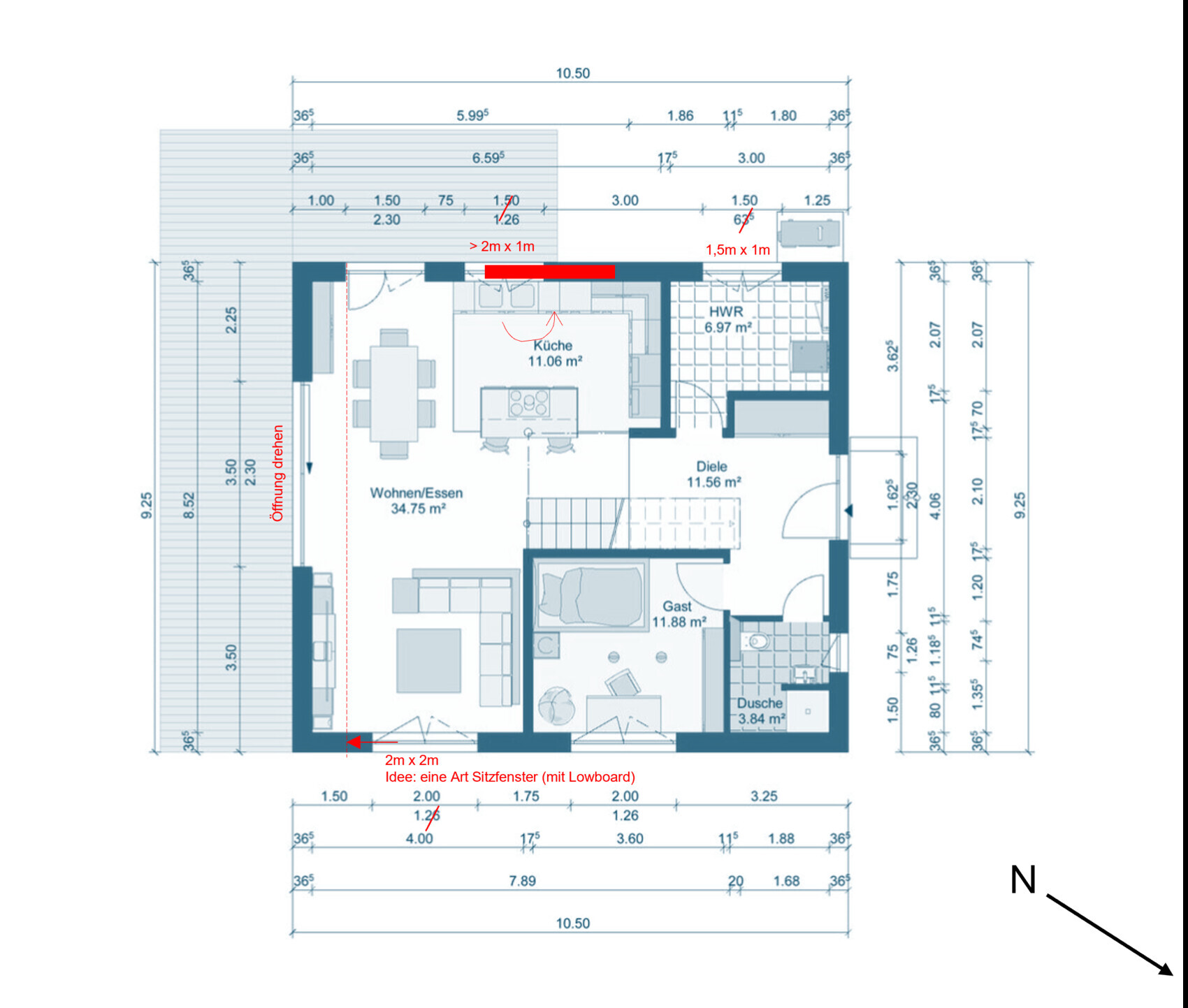 Grundriss eines Hauses mit Küche, Wohnen/Essen, Diele, Gästezimmer, Dusche und HWR.