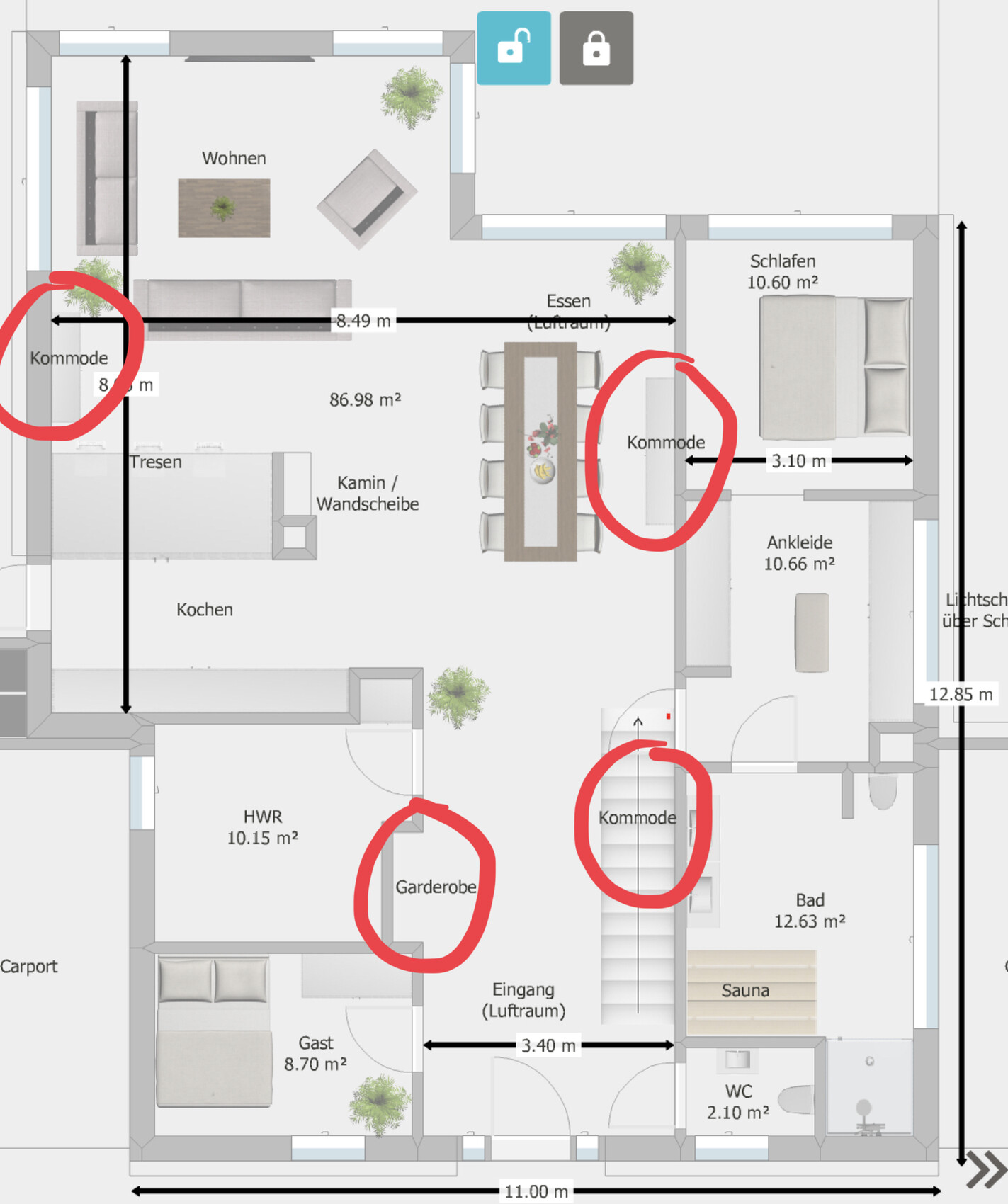 Grundriss eines Hauses mit Wohnen, Essen, Kochen, Garderobe, Kommoden, Bad und Sauna.