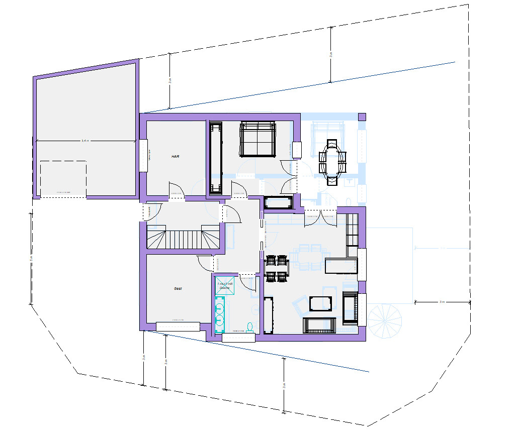 Grundriss eines Hauses mit mehreren Zimmern, Treppe, Küche, Essbereich und Garage.