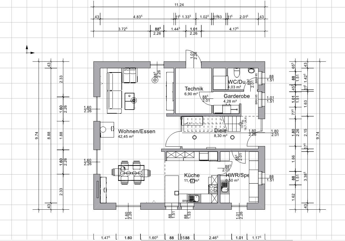 Grundriss eines Hauses mit Wohn-/Essbereich, Küche, Diele, Technik, Garderobe, WC/Dusche