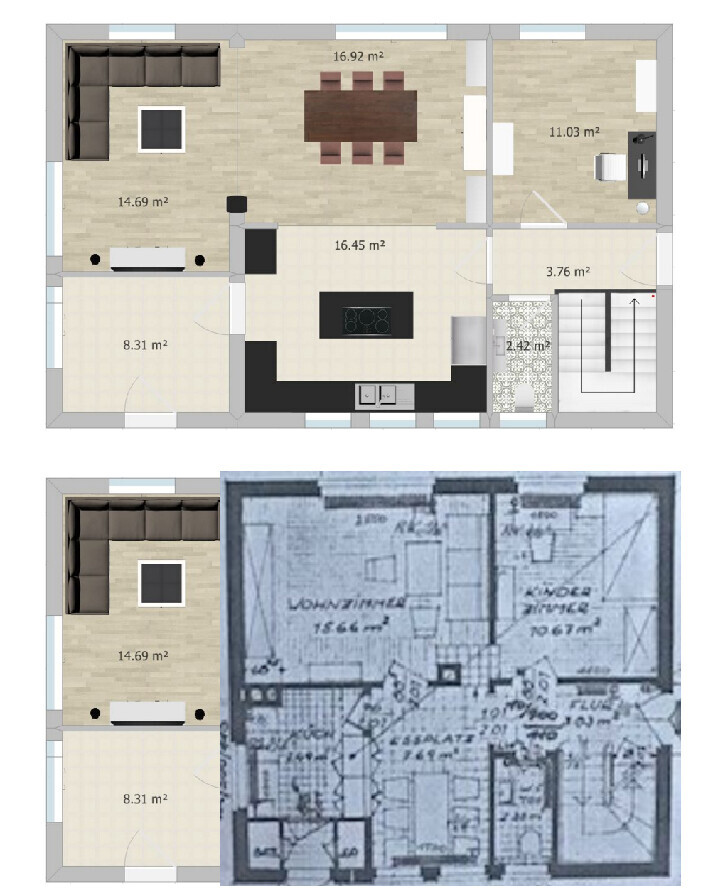 Zwei 2D-Grundrisspläne eines Hauses mit Küche, Essbereich, Wohnzimmer und Treppen