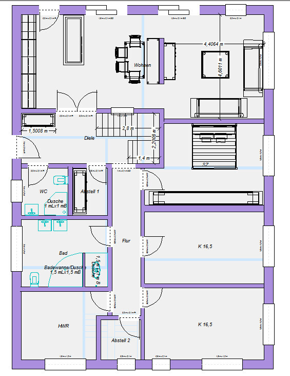 Grundriss eines Hauses: Wohnzimmer mit Esstisch, zwei große Räume, Küche, Bad, WC, Flur, Diele, HWR.