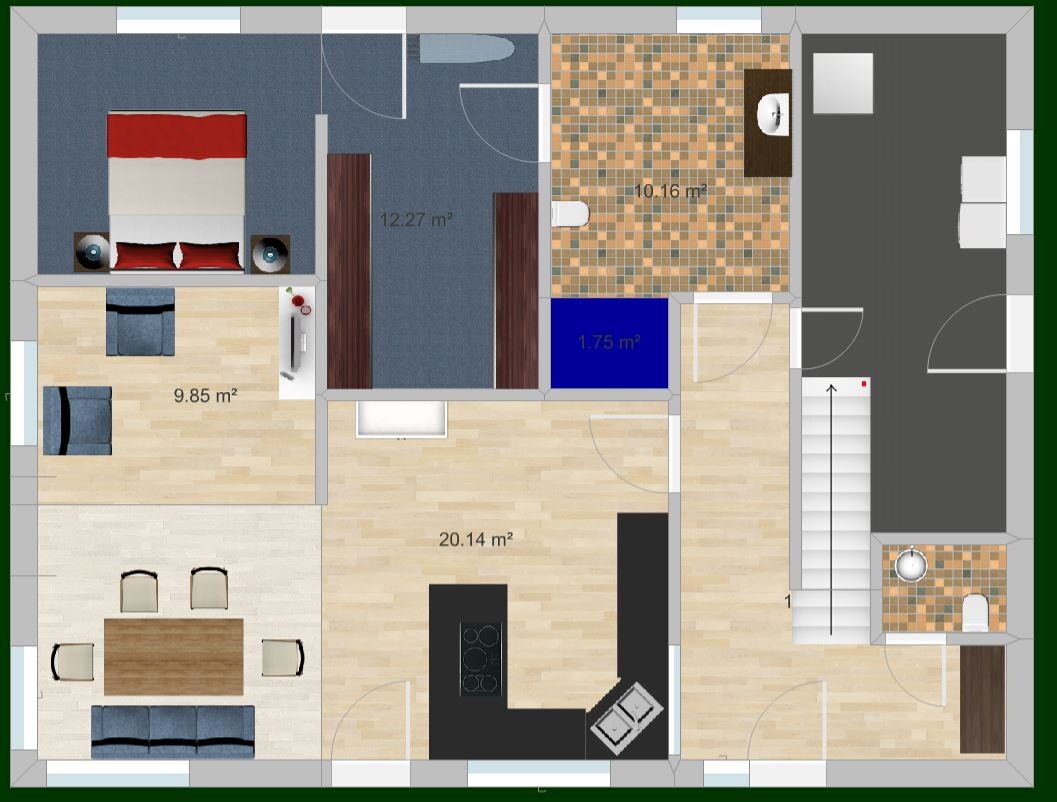 Grundriss einer Wohnung mit Schlafzimmer, Bad, Küche, Essbereich, Wohnzimmer, Flur und Treppenhaus.