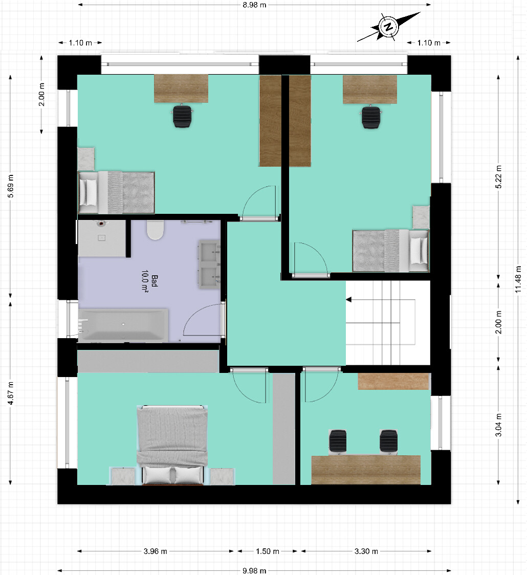 Grundriss eines Apartments mit vier Zimmern um einen zentralen Flur, Bad links, Treppenhaus rechts.