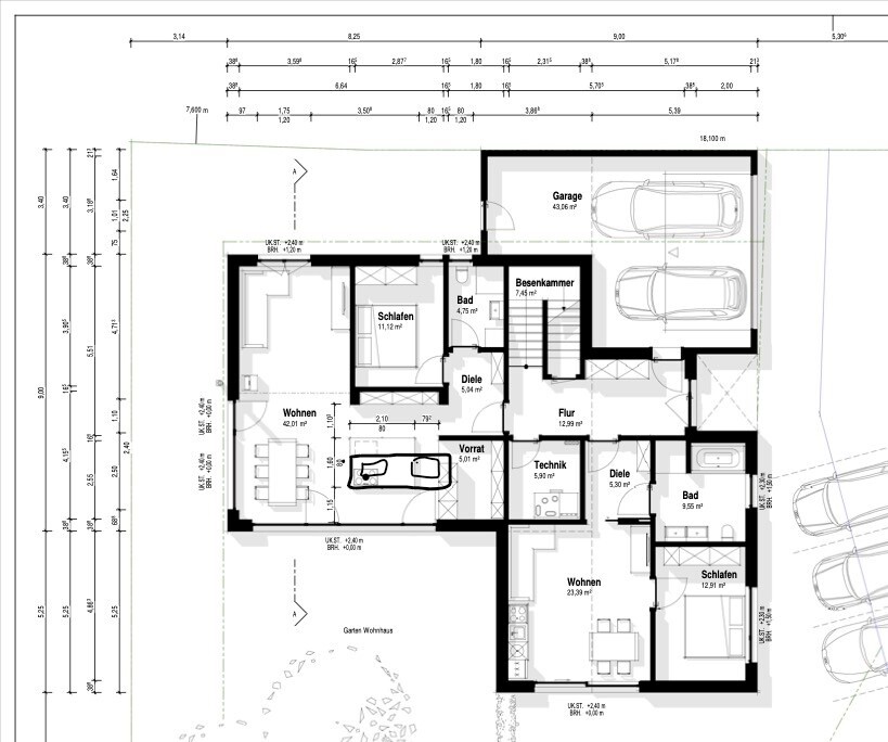 Grundriss eines Hauses mit Garage (2 Stellplätze), Wohnzimmer, Küche, 2 Schlafzimmer, Bad, Diele.