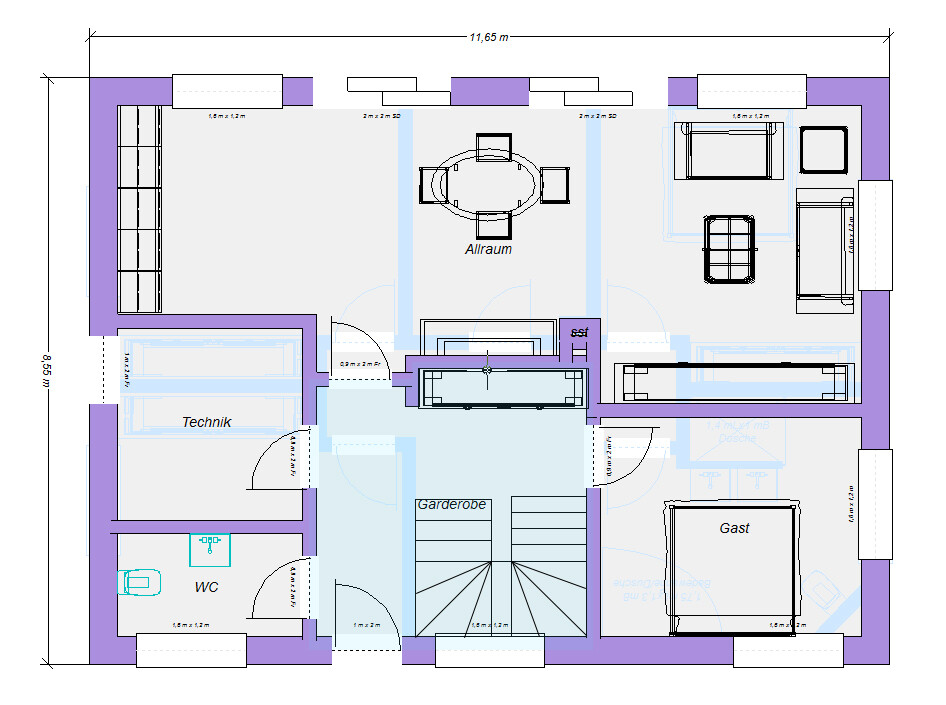 Grundriss eines Hauses mit Allraum, Garderobe, Gast, Technik und WC.