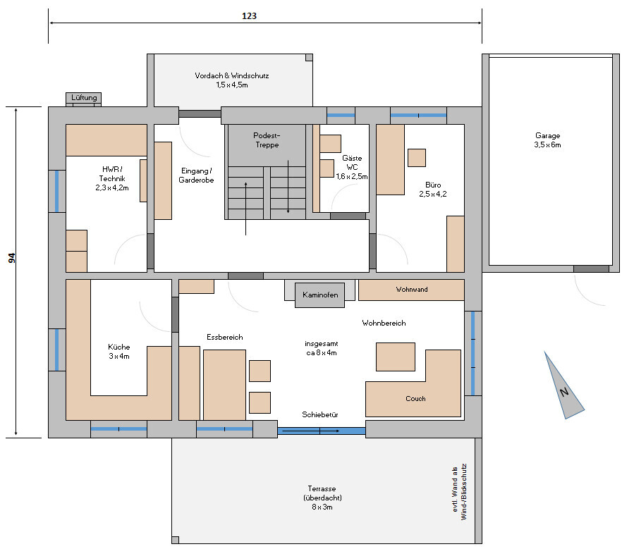 Grundriss eines Hauses mit Küche, Essbereich, Wohnzimmer, Terrasse und Garage
