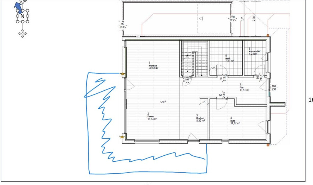 2D-Grundriss eines Einfamilienhauses mit Wohn-, Ess- und Kochbereich sowie Terrasse