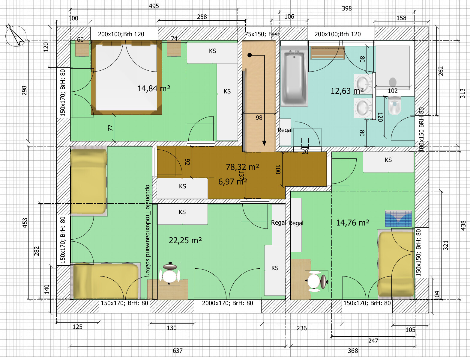 Detaillierter Grundriss einer Wohnung mit Schlafzimmern, Küche, Bad und Wohnzimmer.