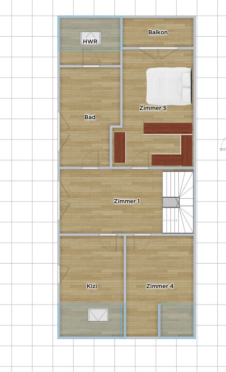 Grundriss eines Wohnplans mit Zimmer 1,4,5, Bad, HWR, Balkon, Kizi; Treppe und Bett in Zimmer 5.
