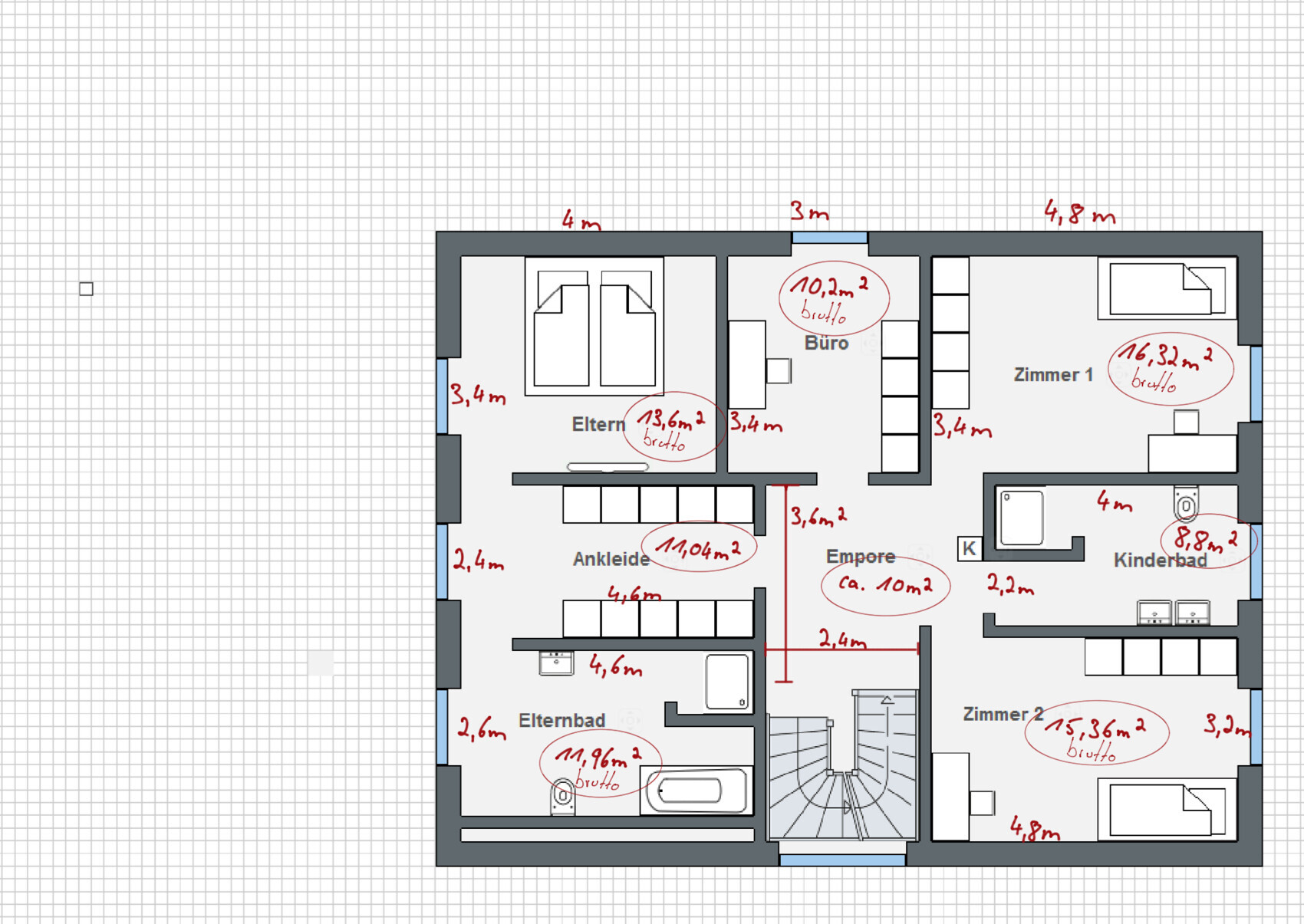 Grundriss einer Wohnung mit Elternzimmer, Ankleide, Büro, Zimmer 1+2, Kinderbad, Elternbad, Empore.