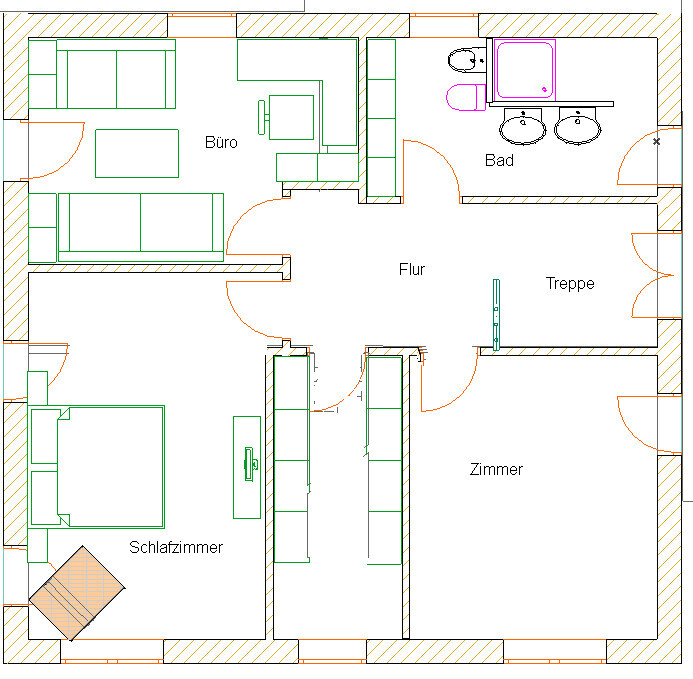 2D-Haus-Grundriss mit Büro, Bad, Flur, Treppe und Schlafzimmer