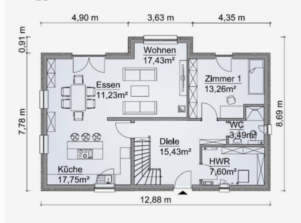 Grundriss eines Hauses mit Küche, Essen, Wohnen, Zimmer 1, Diele, WC, HWR