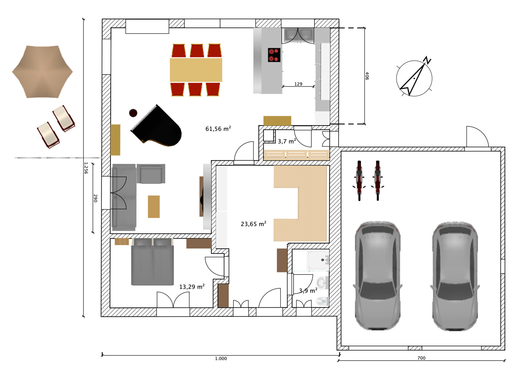 Grundriss eines Hauses mit Küche, Essbereich, Wohnzimmer, Schlafzimmer, Bad und Garage.